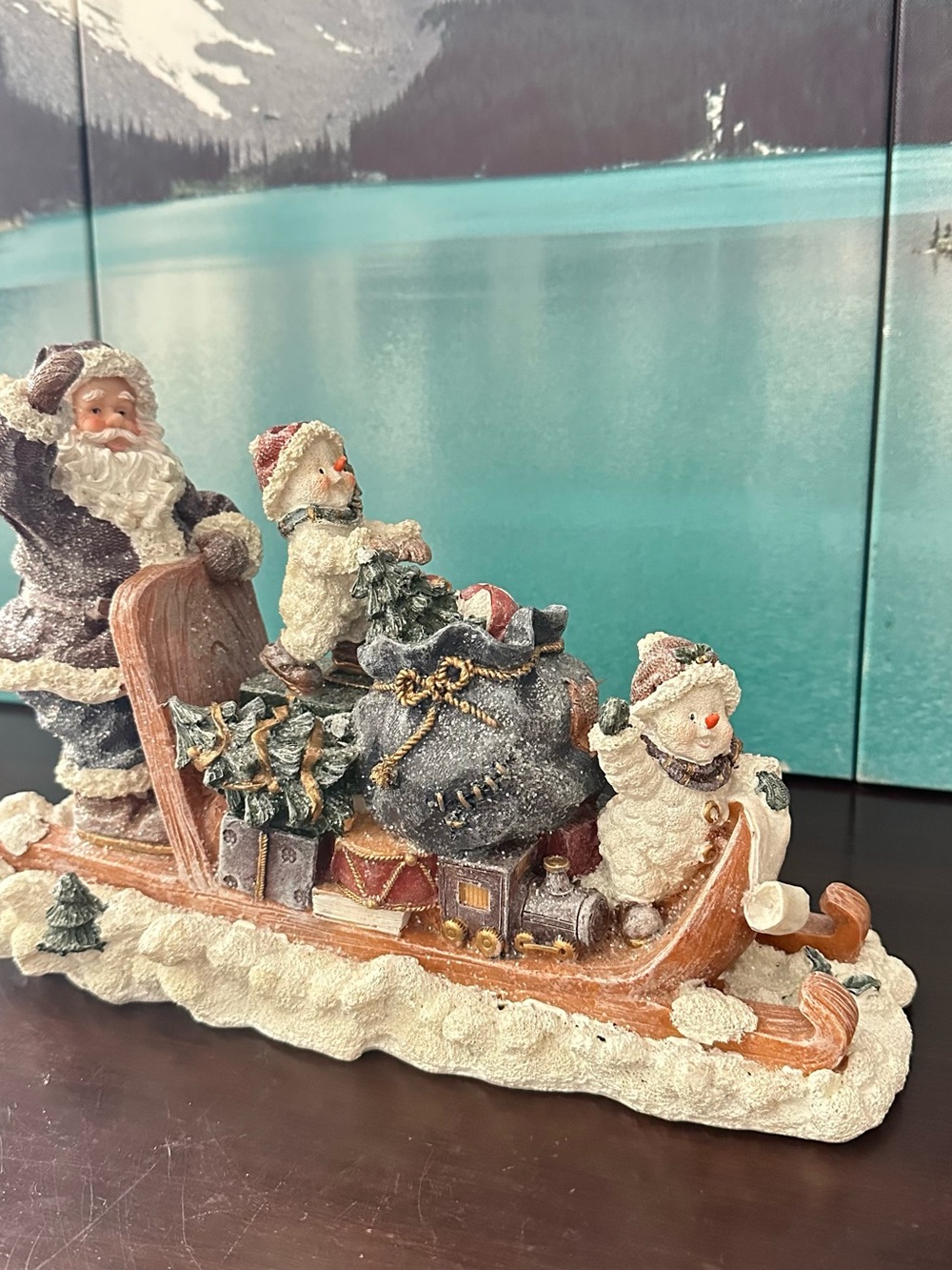 Holiday Santa and Snowmen Sleigh Décor - White and Brown